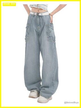 Boyfriend Baggy Star Jeans Wide Leg High Rise Denim Pants Y2k Streetwear